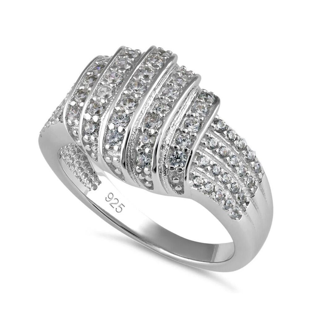 Solid Sterling Silver Elegant CZ Pave Multi Row Layered Ring Size 6